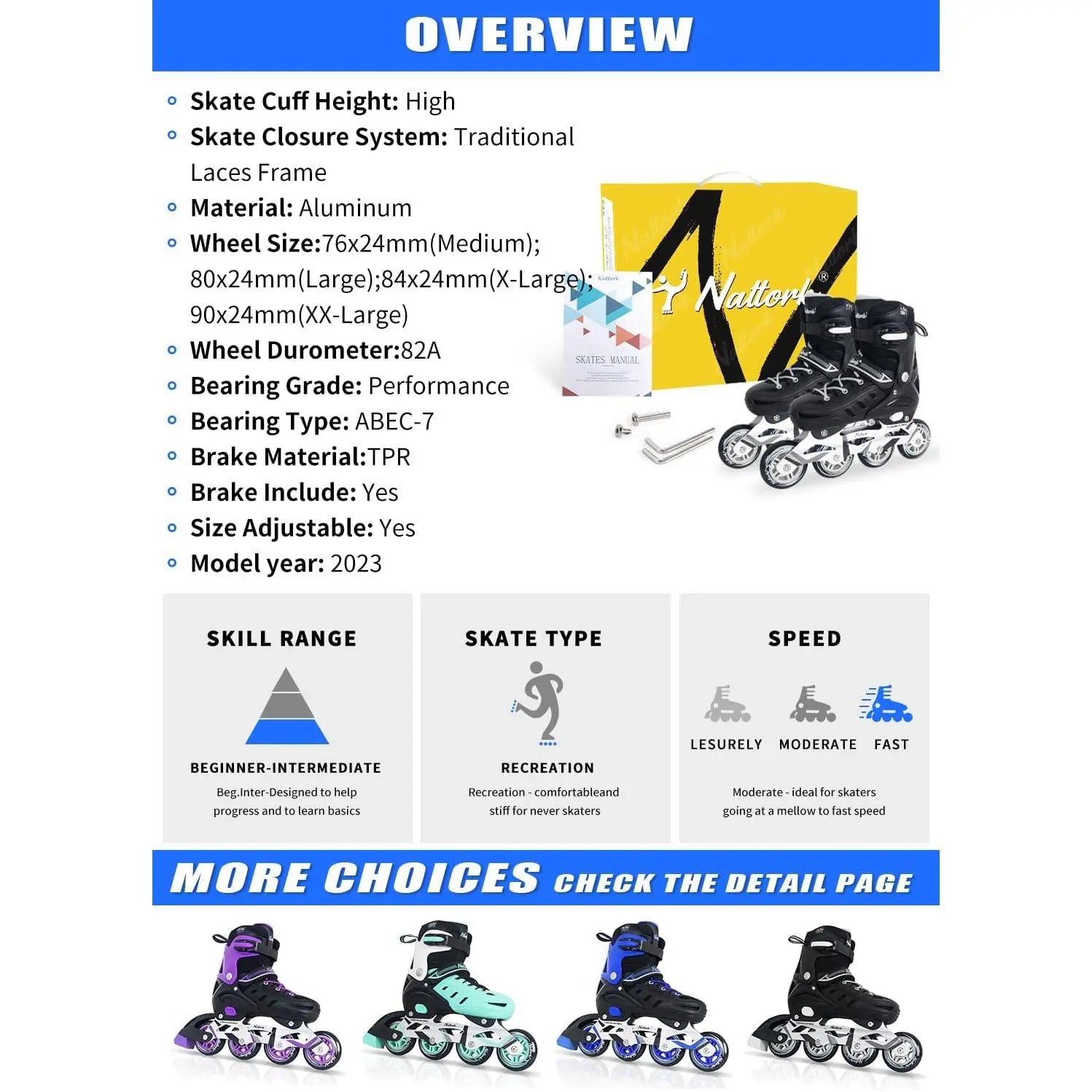 Nattork Inline Skates for Boys and Girls Men Women, 4 Sizes Adjustable Blades Roller Skates Beginner for Kids & Adult Youth