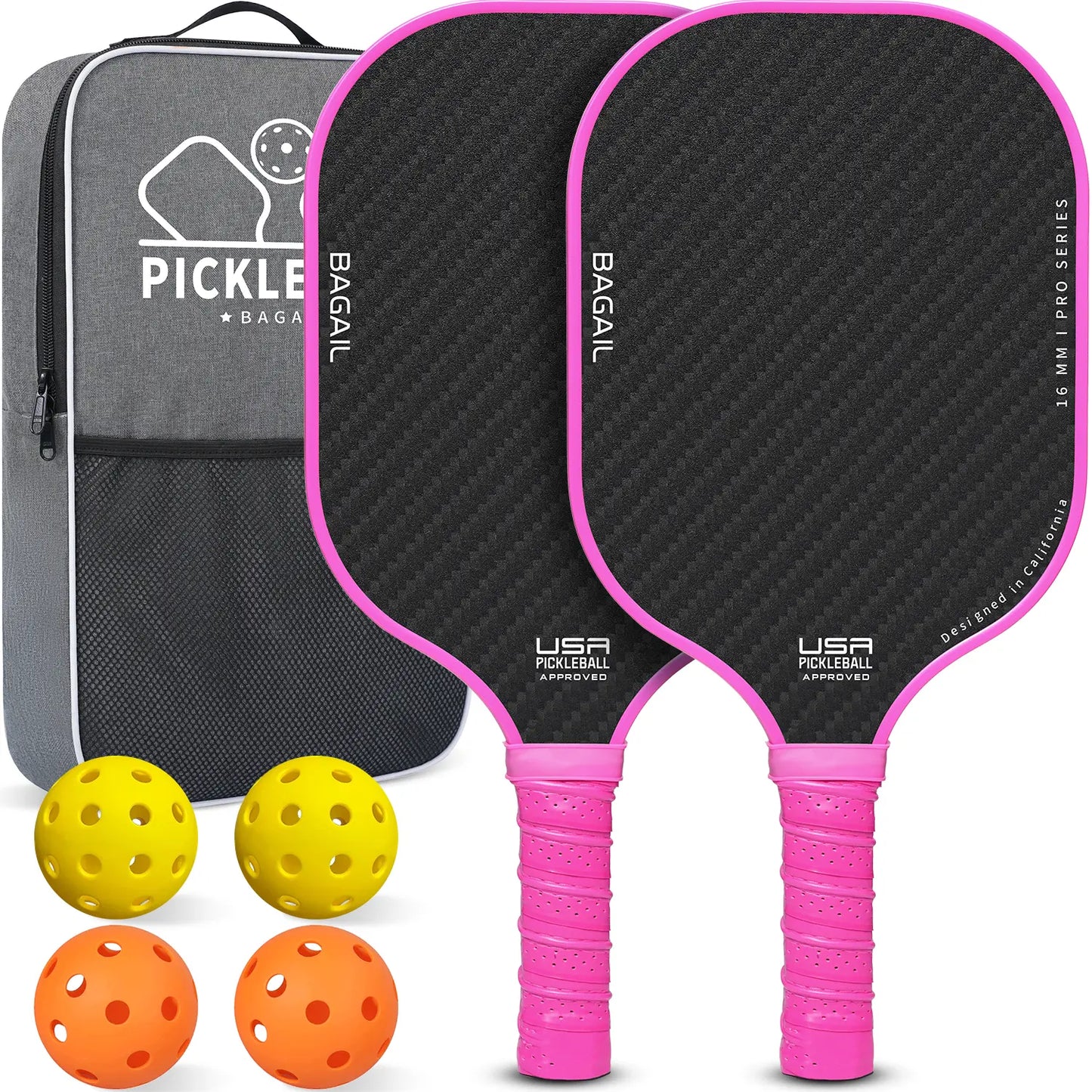 Bagail USAPA Approved Fiberglass Pickleball Paddle Set, Lightweight Rackets with 4 Balls and Carry Bag, Designed for Traction and Stability, Ideal for Family Sports Activities