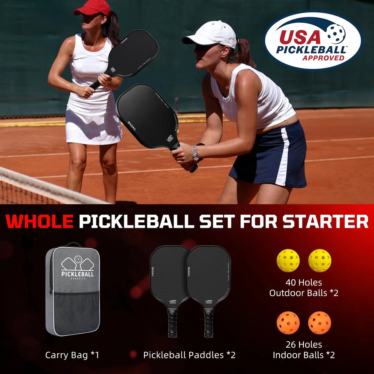 Bagail USAPA Approved Fiberglass Pickleball Paddle Set, Lightweight Rackets with 4 Balls and Carry Bag, Designed for Traction and Stability, Ideal for Family Sports Activities