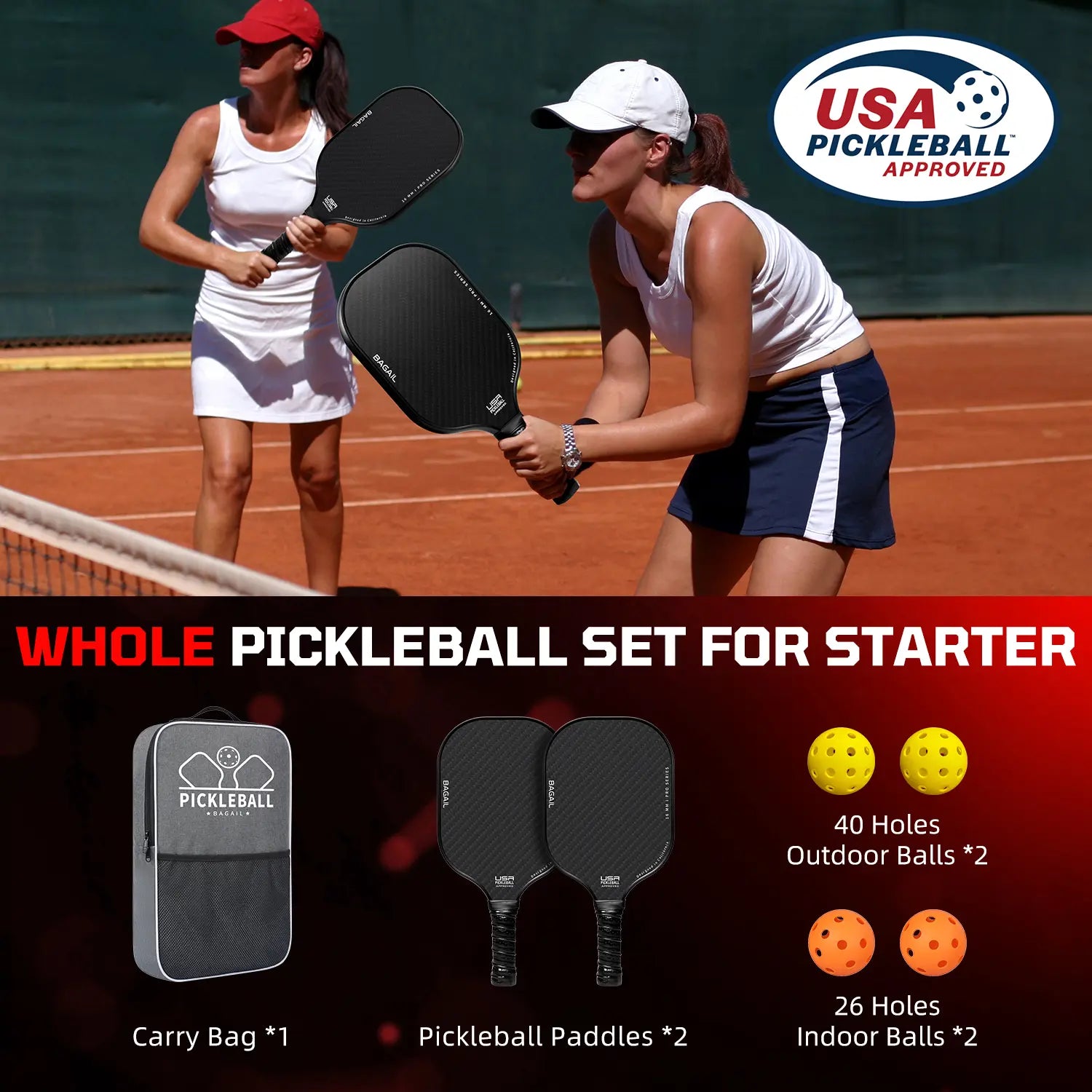 Bagail USAPA Approved Fiberglass Pickleball Paddle Set, Lightweight Rackets with 4 Balls and Carry Bag, Designed for Traction and Stability, Ideal for Family Sports Activities
