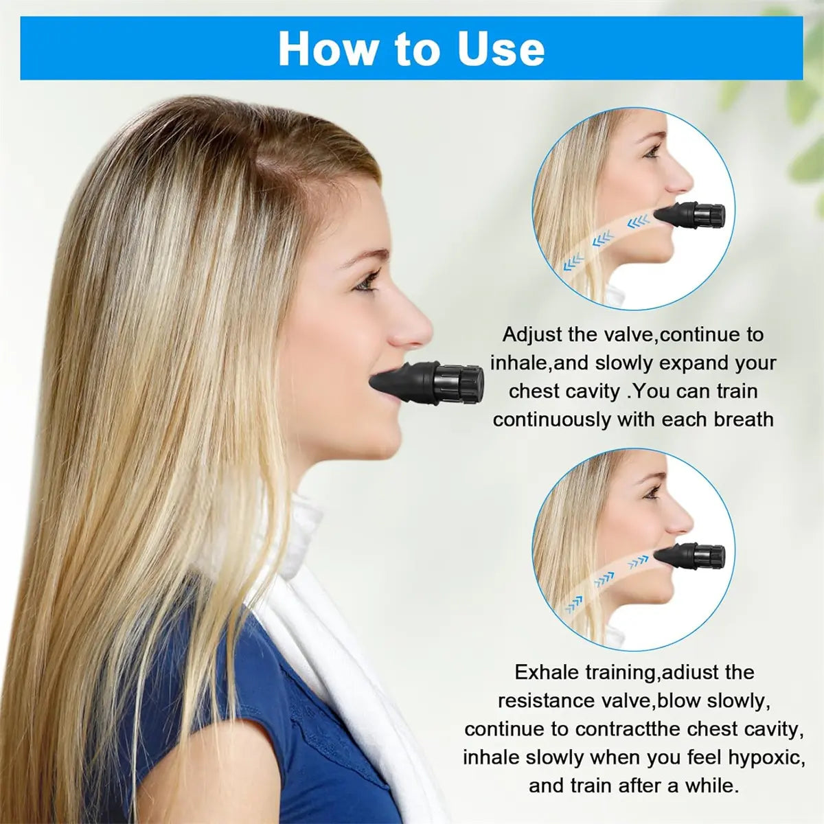 Respiratory Muscle Trainer with Adjustable Resistance - Portable and Easy to Clean, Ideal for Fitness, Yoga, Swimming, and Outdoor Activities in Black and White