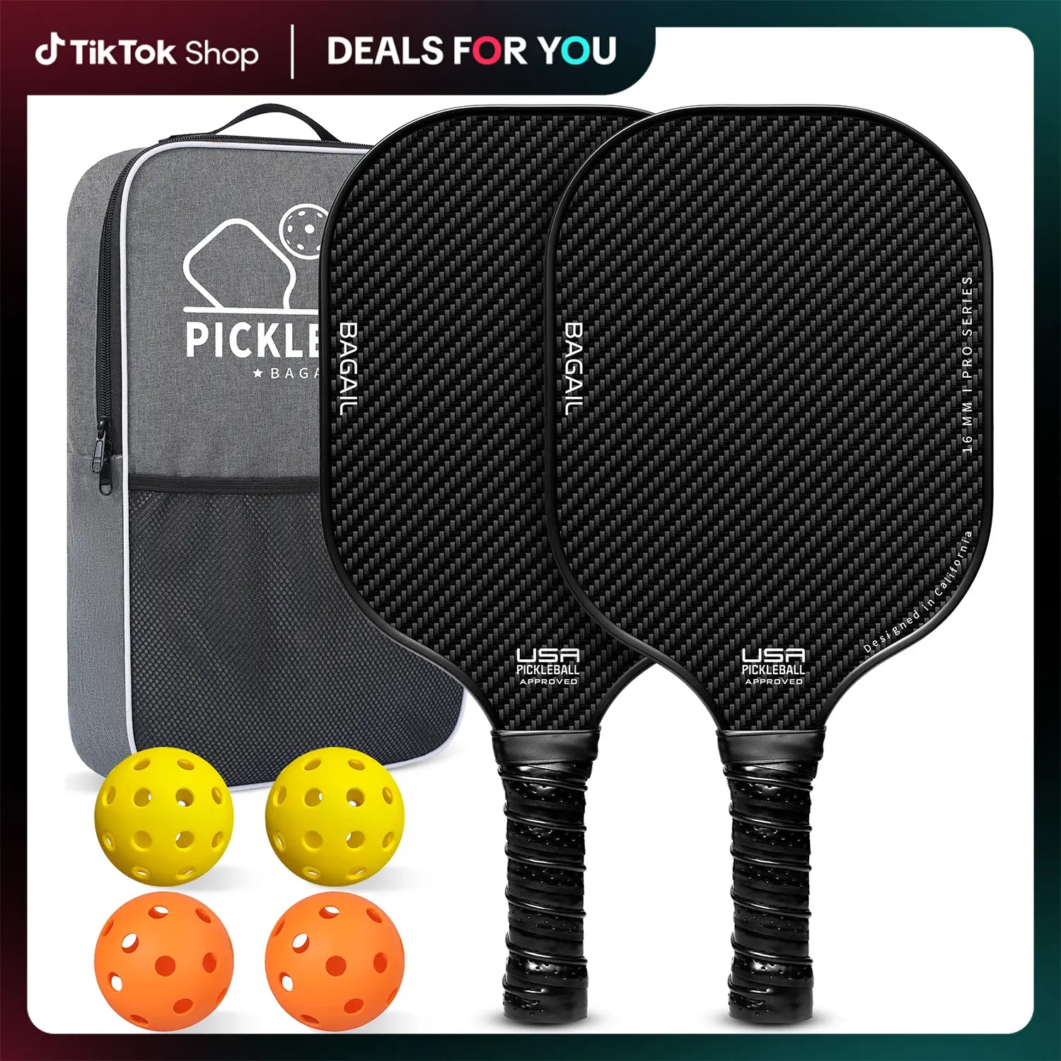 Bagail USAPA Approved Fiberglass Pickleball Paddle Set, Lightweight Rackets with 4 Balls and Carry Bag, Designed for Traction and Stability, Ideal for Family Sports Activities