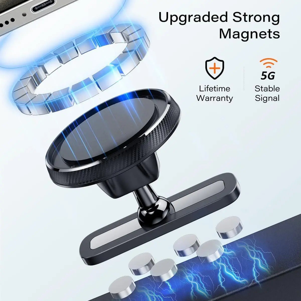 Magnetic Car Phone Mount with Alloy Base, 360-Degree Adjustable Joint, Compatible with 4.7-6.9" Phones and Heavy Cases, Ideal for Car and Gym Use, Grey
