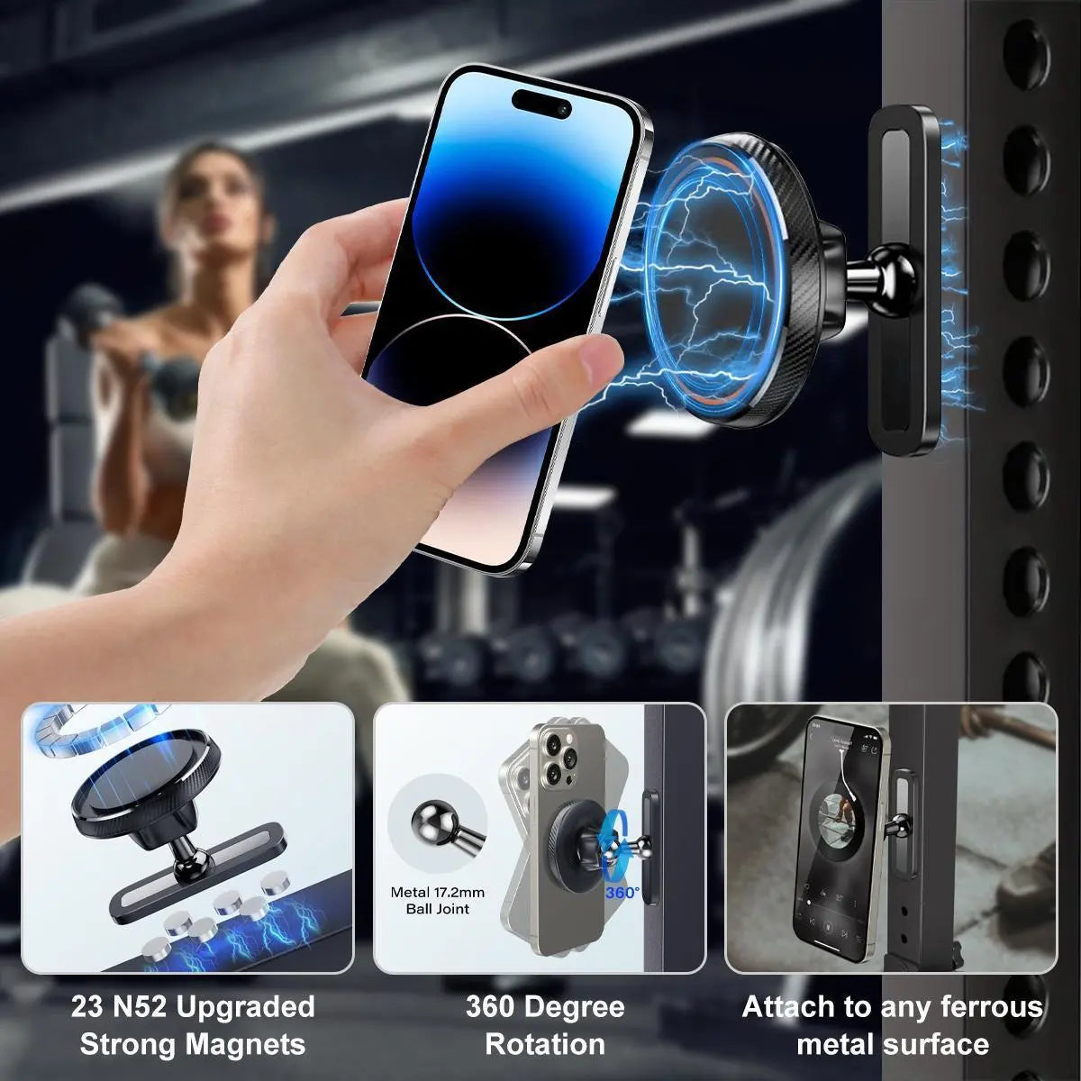 Magnetic Car Phone Mount with Alloy Base, 360-Degree Adjustable Joint, Compatible with 4.7-6.9" Phones and Heavy Cases, Ideal for Car and Gym Use, Grey
