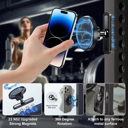Magnetic Car Phone Mount with Alloy Base, 360-Degree Adjustable Joint, Compatible with 4.7-6.9" Phones and Heavy Cases, Ideal for Car and Gym Use, Grey